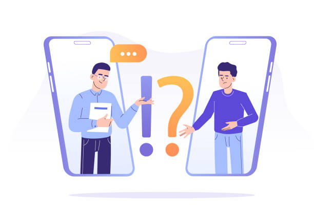 FAQ and Q&A concept. Confused man asking to online support center via smartphone. Frequently asked questions. Exclamation and question marks. Isolated vector illustration for web banner, poster, ui vector art illustration