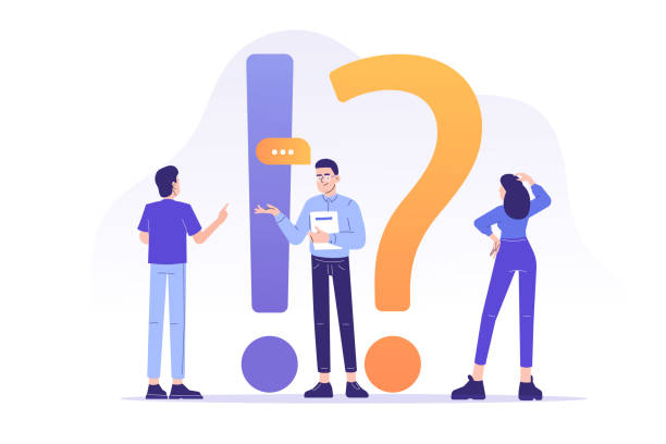 FAQ Frequently asked questions concept. Confused people standing near big exclamation and question marks, asking questions and receiving answers. Online customer support center. Vector illustration vector art illustration