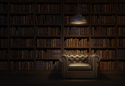 Reading room in old library or house.Vintage style leather armchair with ceiling lamp.Night scene room.3d rendering