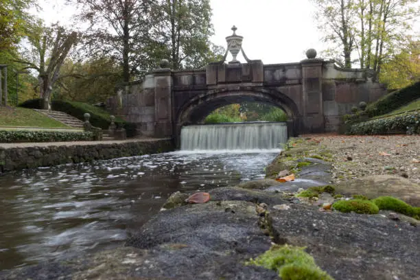 Waterfall under a stone bridge