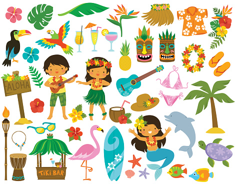 Tropical clipart set. Hawaii hula dancers, Beach related items and other cartoons for summer.