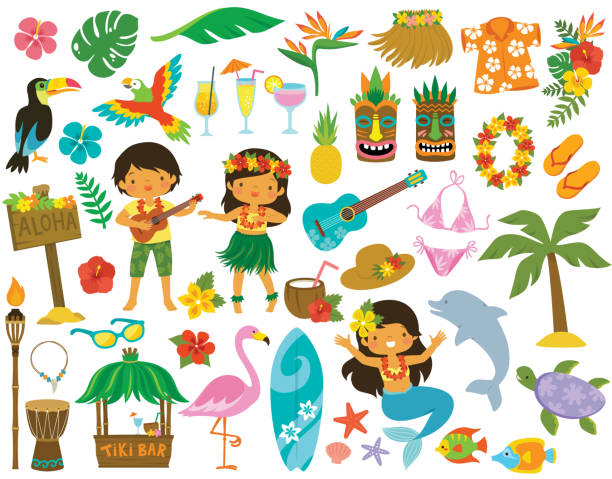 Hawaii Tropical Clip art Tropical clipart set. Hawaii hula dancers, Beach related items and other cartoons for summer. luau stock illustrations
