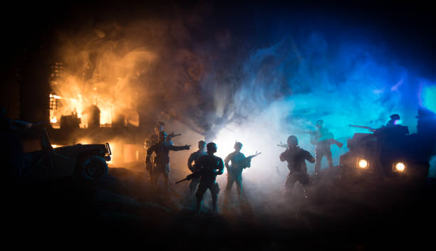 war concept. battle scene on war fog sky background, fighting silhouettes below cloudy skyline at night. - car individuality military 4x4 imagens e fotografias de stock