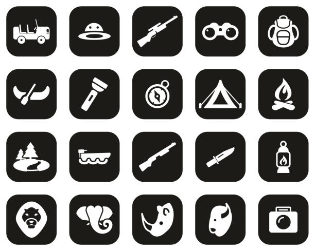 Safari Or Hunting Icons White On Black Flat Design Set Big This image is a vector illustration and can be scaled to any size without loss of resolution. buffalo shooting stock illustrations