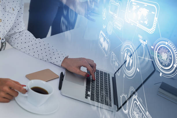 istock Women with laptop in office, business interface 1226765741