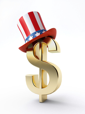 3d illustration of Uncle Sam's hat on dollar symbol, over white background