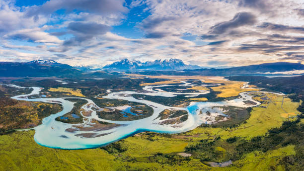 Serrano River with view to Cerro Torre, Torres del Paine, Chile Chile, Patagonia - Chile, South America, Torres del Paine National Park, Andes, aerrial view chile photos stock pictures, royalty-free photos & images