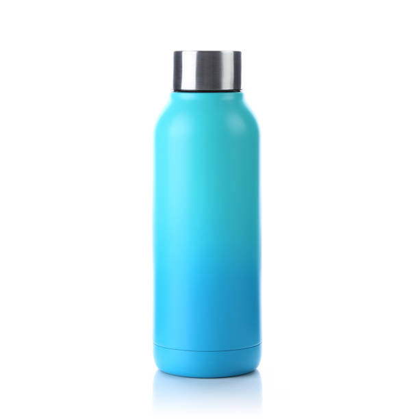 istock Blank blue, turquoise & gradient colour trendy closed travel flask. Empty traveler bottle & drink container template isolated on white background. Thermo mug for hot or cold beverage, water, tea & coffee. 1226769552