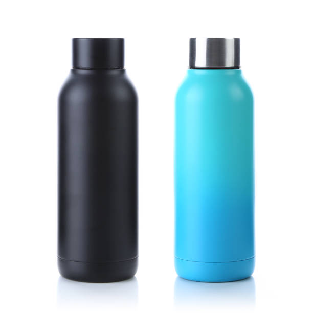 istock Blank black, blue & gradient colour trendy closed travel flask. Empty traveler bottle & drink container template isolated on white background. Thermo mug for hot or cold beverage, water, tea & coffee. 1226769556