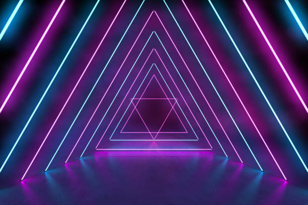 istock Ultraviolet 3D neon light background with triangle tunnel in concrete floor and cement wall, 3d rendering of holographic technology for virtual reality pink cyan spectrum 1226770170