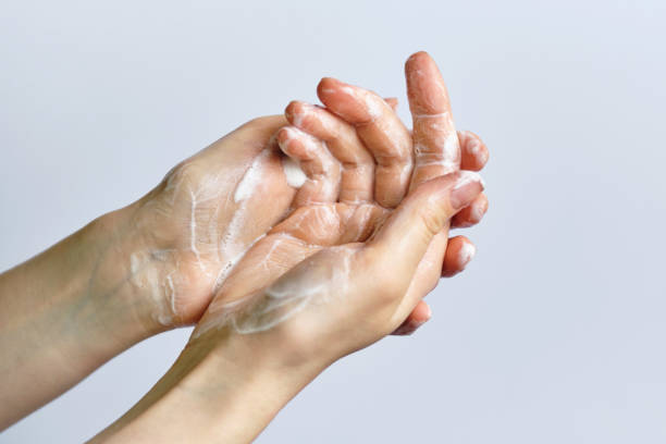 istock Concept of washing hands using soap on a white background. 1226770368