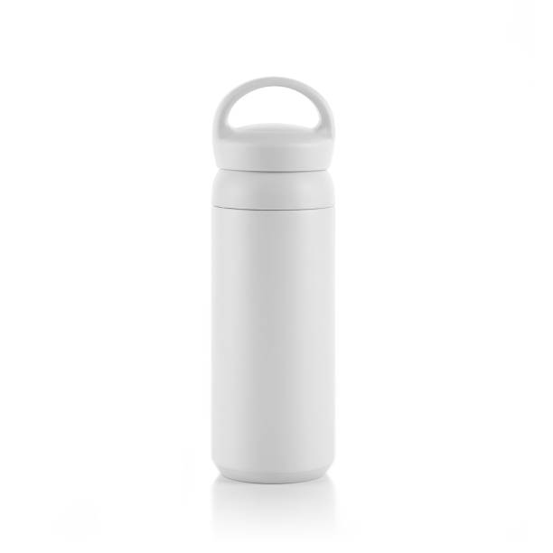 istock Blank white trendy closed travel flask. Empty traveler bottle & drink container template isolated on white background. Thermo mug for hot or cold beverage, water, tea & coffee. 1226770575