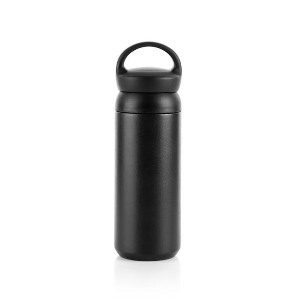 istock Blank black trendy closed travel flask. Empty traveler bottle & drink container template isolated on white background. Thermo mug for hot or cold beverage, water, tea & coffee. 1226770580
