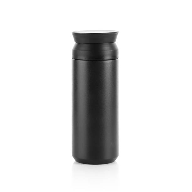istock Blank black trendy closed travel flask. Empty traveler bottle & drink container template isolated on white background. Thermo mug for hot or cold beverage, water, tea & coffee. 1226770738