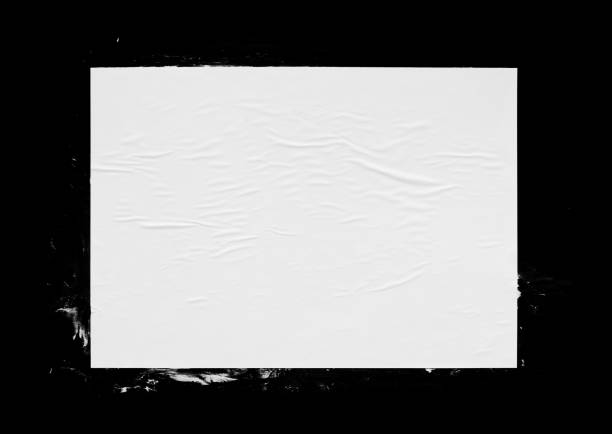 White glued wrinkled paper page isolated on black White poster mockup isolated. Glued creased paper page texture glue photos stock pictures, royalty-free photos & images