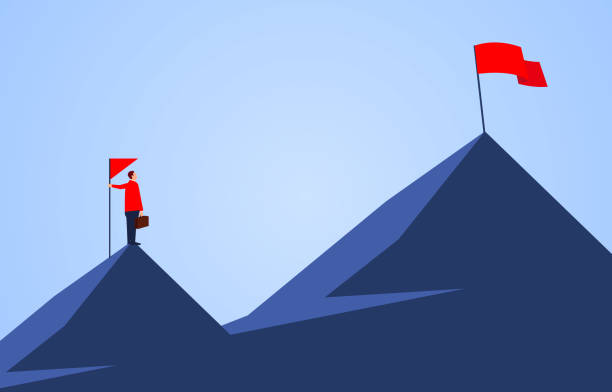 geschäftsmann hält eine flagge auf dem gipfel des berges, mit blick auf einen anderen höheren berg, geschäftsziele und herausforderungen - conquering adversity progress achievement challenge stock-grafiken, -clipart, -cartoons und -symbole