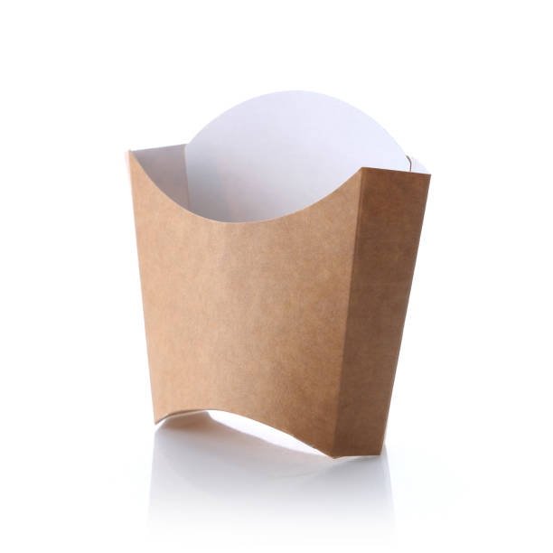 istock Blank craft french fries packaging mockup, isolated, front view. Empty cardboard container mockup for fries & chips. Clear disposable package for snack template. 1226773681