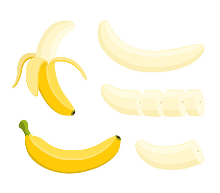 Vector banana set - whole yellow fruit, slices, peeled pieces.