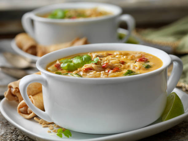 istock Creamy Thai, Chicken and Rice Soup with Spring Rolls 1226774985