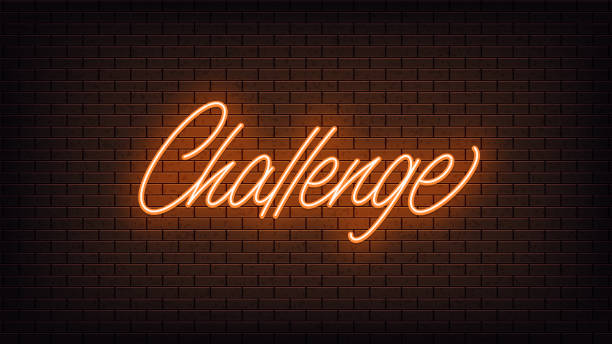 ilustrações de stock, clip art, desenhos animados e ícones de orange neon challenge, lettering. neon text of challenge on black brick background - prayer call