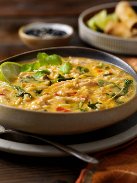 istock Creamy Thai, Chicken and Rice Soup with Spring Rolls 1226776341