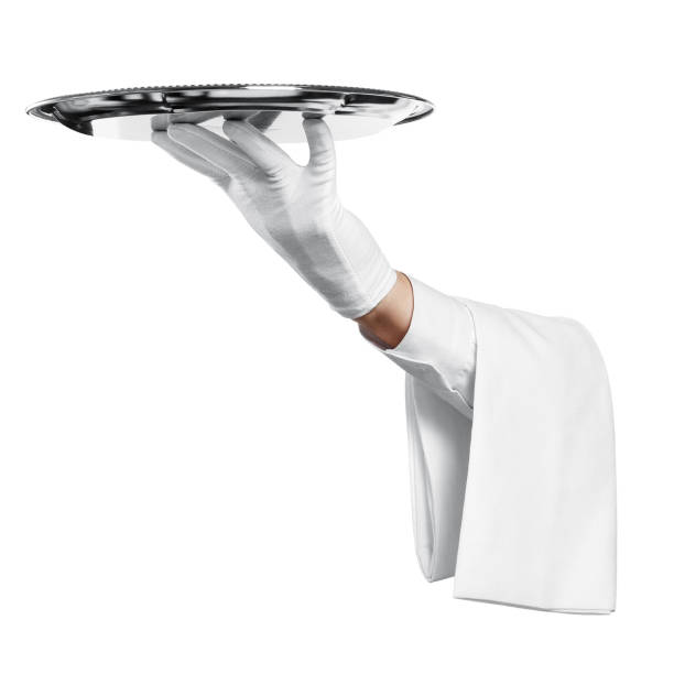 istock Waiter hand with silver tray on white 1226776698