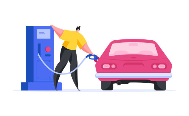 ilustrações de stock, clip art, desenhos animados e ícones de modern man refilling car on gas station - gas station gasoline refueling fuel pump