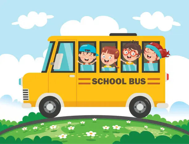 Vector illustration of Happy Children And School Bus