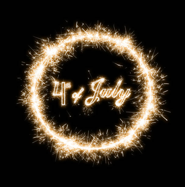 4th of July greeting text with particles and sparks on black background.