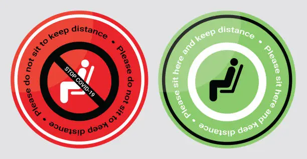 Vector illustration of Please do not sit and sit here sign to prevent from Coronavirus or Covid-19 pandemic. Keep distance 6 feet or 2 meters physical distancing for chair, seat, shuttle bus, subway, railway, tram, train, canteen concept
