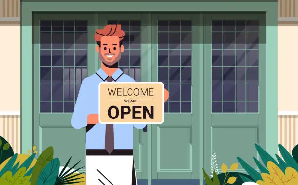 Vector illustration of man holding welcome we are open sign coronavirus quarantine is ending victory over covid-19 concept
