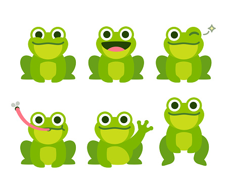 Cute cartoon frog set, animation frames. Adorable little froggy smiling, jumping, croaking, waving and catching fly with tongue. Simple flat style vector illustration.