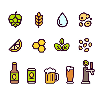 Beer icon set. Beer brewing ingredients and flavorings, serving glasses and containers. Simple cartoon line icons, vector illustration.