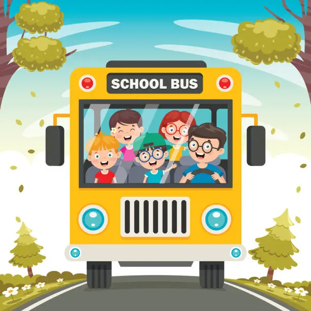 Vector illustration of Happy Children And School Bus