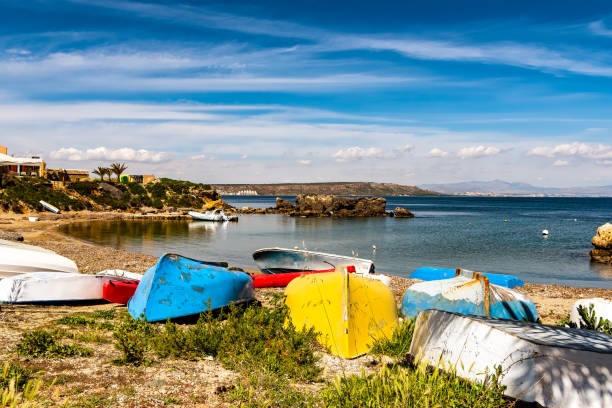 알리 칸테, 스페인의 타바카 섬에서 해안 화려한 보트의 전망. - island of tabarca 뉴스 사진 이미지