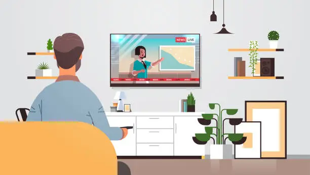 Vector illustration of man watching TV daily news program on television at home rear view guy using remote controller