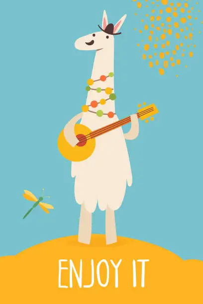 Vector illustration of Vector funny cartoon hand drawn enjoy it card with lama playing banjo.