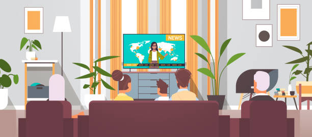 multi generation family watching TV daily news program spending time together living room interior multi generation family watching TV daily news program spending time together modern living room interior rear view portrait horizontal vector illustration kids watching tv stock illustrations