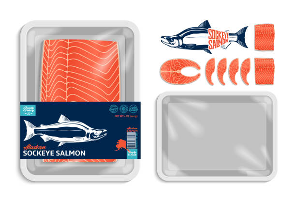 Vector sockeye salmon packaging illustration Vector Alaskan sockeye salmon packaging illustration. White foam tray with plastic film mockup. Modern style seafood label for groceries, fisheries, packaging, and advertising sockeye salmon filet stock illustrations