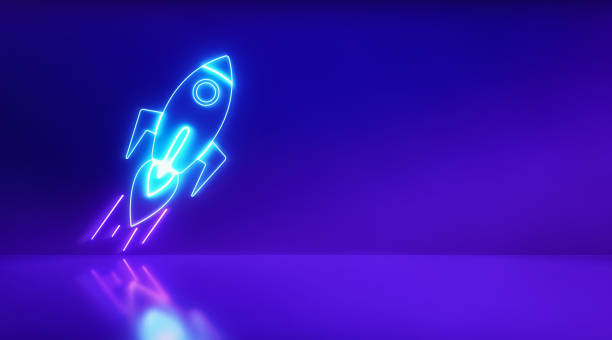 istock Rocket neon light icon with studio purple background. Start up and idea concept. 3d rendering - illustration. 1226783536