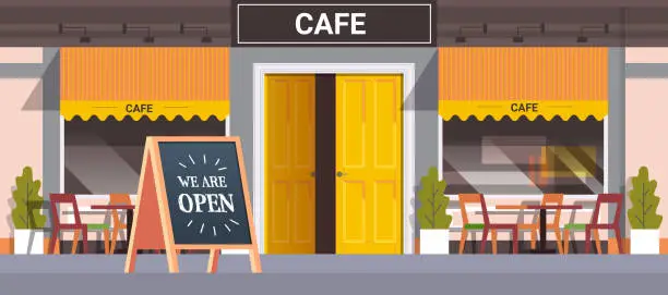Vector illustration of street cafe facade with we are open board urban building house exterior coronavirus quarantine is over