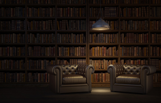 Reading room in old library or house.Vintage style leather armchairs with ceiling lamp.Night scene room.3d rendering