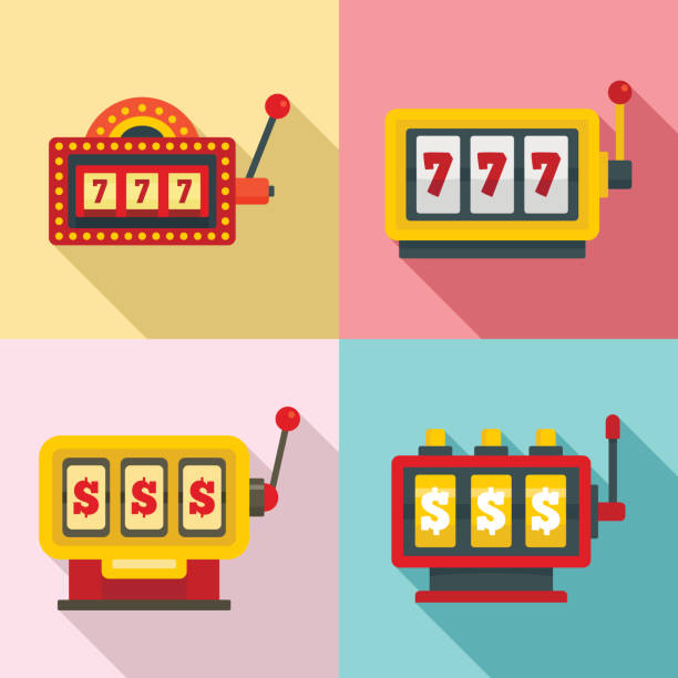 Slot machine icons set, flat style Slot machine icons set. Flat set of slot machine vector icons for web design jackpot stock illustrations