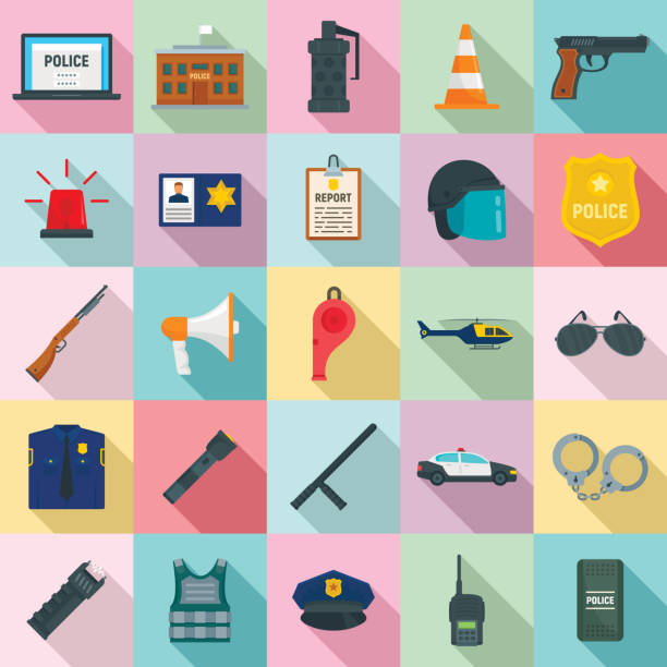 ilustrações, clipart, desenhos animados e ícones de ícones de equipamento da polícia definidos, estilo plano - crime flashlight detective symbol