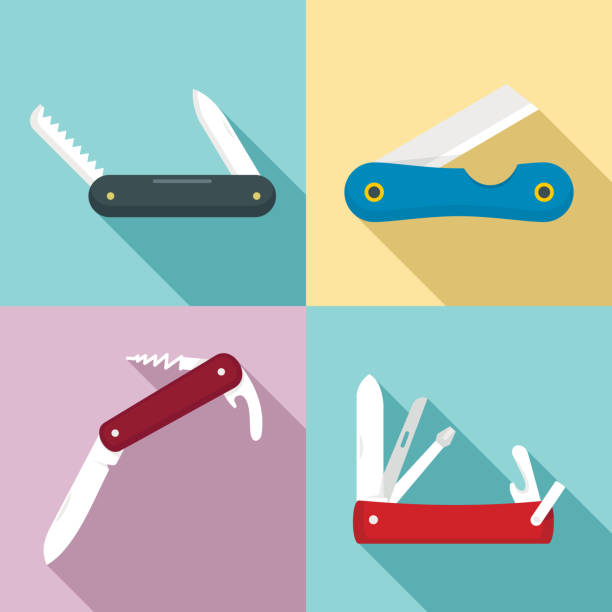 ilustrações, clipart, desenhos animados e ícones de conjunto de ícones do canivete, estilo plano - switchblade