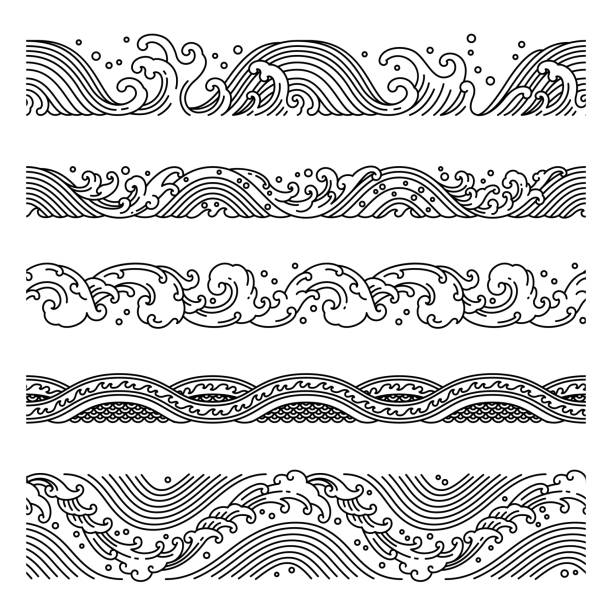 Wave seamless patterns vector. Water wave line art seamless patterns vector. Border frame endless isolated collection for decoration. asian tattoos stock illustrations