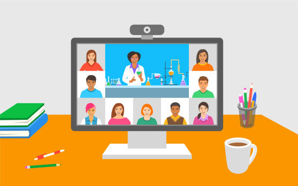 Online education chemistry class teleconference on computer with teacher and students Online education virtual chemistry class teleconference. Young students stay home and watch video lesson from the teacher. Remote education coronavirus lockdown. Learning university program from home zoom background stock illustrations