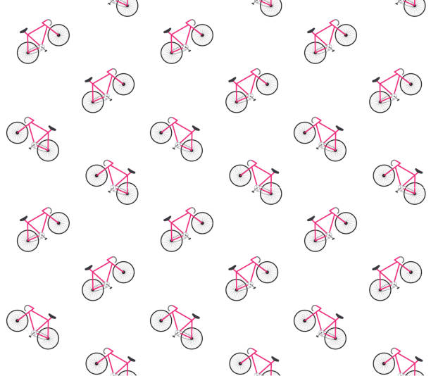 Vector seamless pattern of pink flat cartoon race sport bicycle Vector seamless pattern of pink flat cartoon race sport bicycle isolated on white background bicycle patterns stock illustrations