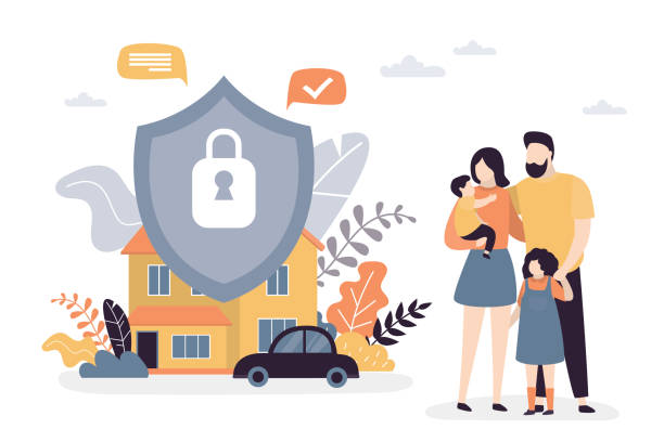 ilustraciones, imágenes clip art, dibujos animados e iconos de stock de padres felices con hijos. retrato familiar. propiedad, coche y escudo de protección de seguro. plan de garantía, - protection security safe security system