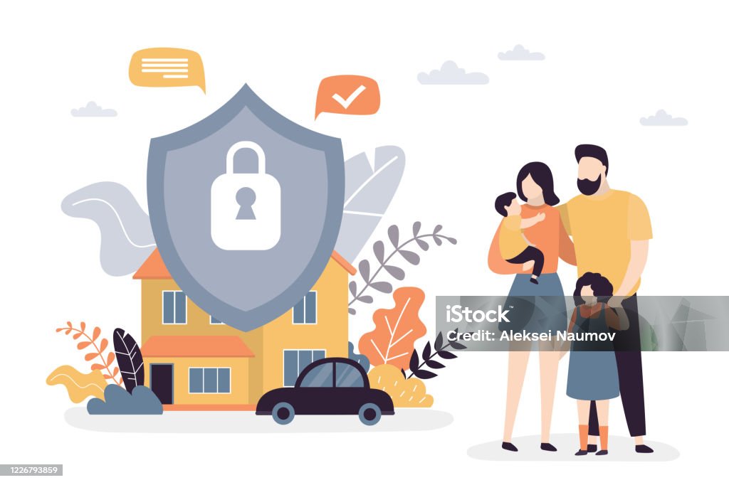 Happy parents with children. Family portrait. Property,car and Insurance protection shield. Assurance plan, Happy parents with children. Family portrait. Property,car and Insurance protection shield. Assurance plan, contract of full insurance coverage concept background. Vector illustration Insurance stock vector